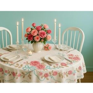 Embroidered Floral Tablecloth Cottagecore Pink Roses Cream Rectangle 66x52 #54‎